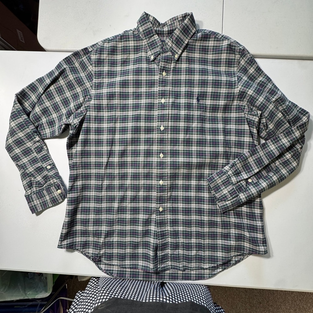 Ralph Lauren Plaid Button Down Mens XL Green White Excellent Long Sleeve Shirt